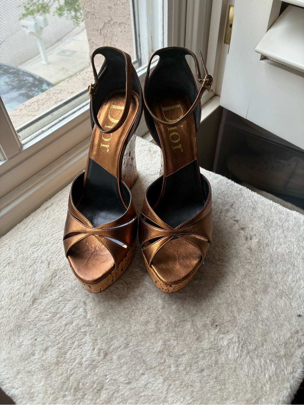 Dior Metallic Bronze Cork Wedge Sandals with Ankle Strap